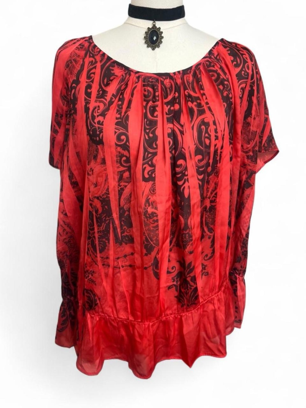 CATO women red black patterned short sleeve blouse whimsygoth Victorian y2k